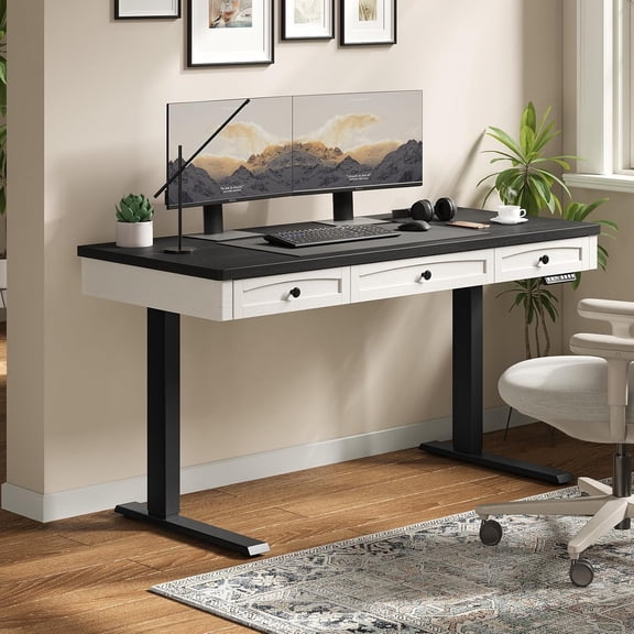 ONBRILL Standing Desk with 3 Drawers, 63 x 24 Inch Electric Height Adjustable Desk with Storage & Outlets, for Computer Workstation, Home Office, Retro Curved Table Corner & Drawers, Black