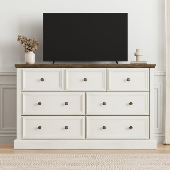 ONBRILL Vintage 7 Drawer Dresser, 55" Wide White Dresser for Bedroom, Chest of Drawers with Carved  Design, Rustic Wood Storage Cabinet Clothes Organizer for Bedroom, Hallway, Dining Room