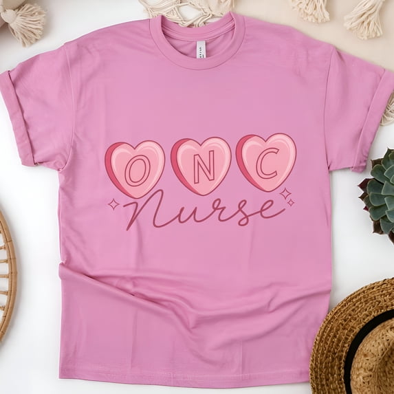 ONC Nurse Graphic T-Shirt with Pink Heart Letters Design, Azalea, Size 2XL