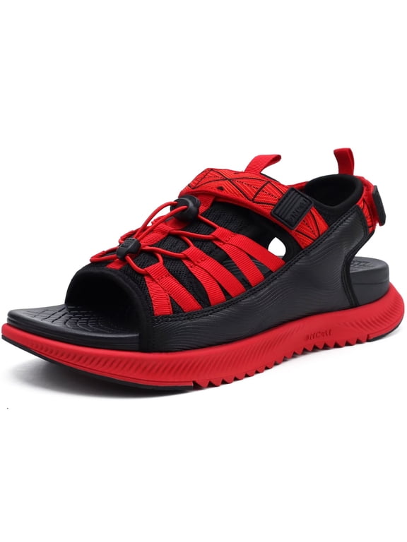 Men Hiking Sandals, Arch Support Walking Sandals with Orthotic Outdoor Footbed for Plantar Fasciitis, Hombre Sandalias Recovery Sport Slides Black/Red Size 8