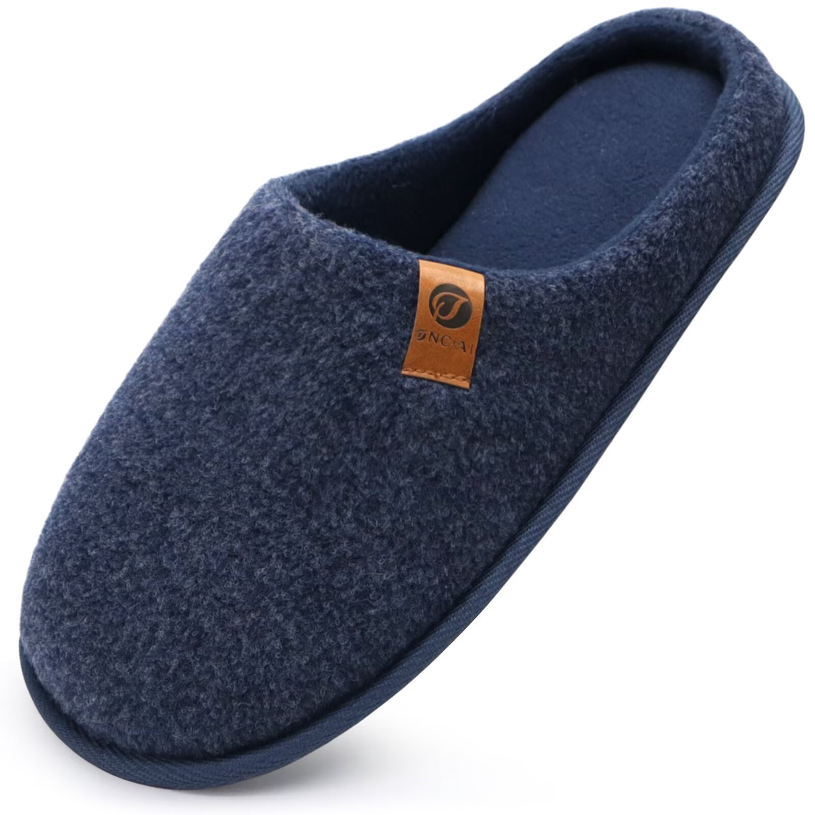 ONCAI Men's House Slippers Memory Foam Cotton-blend Slip-On Pantuflas Hombres Warm Cozy Scuff Home Bedroom Shoes Indoor/Outdoor Washable Rubber Soles Felt Dark Blue Size 8