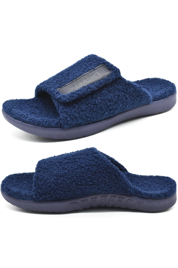 Mens House Slippers Adjustable Straps Orthotic Plantar Fasciitis Open Toe Slides Sandals with Comfy Arch Support Slippers for man Slip-on Indoor Outdoor Rubber Sole Darkblue Size 13