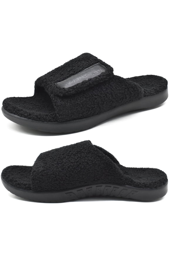 Mens House Slippers Adjustable Straps Orthotic Plantar Fasciitis Open Toe Slides Sandals with Comfy Arch Support Slippers for man Slip-on Indoor Outdoor Rubber Sole Black Size 9