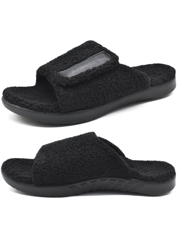 Mens House Slippers Adjustable Straps Orthotic Plantar Fasciitis Open Toe Slides Sandals with Comfy Arch Support Slippers for man Slip-on Indoor Outdoor Rubber Sole Black Size 12