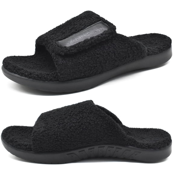 ONCAI Mens House Slippers Adjustable Straps Orthotic Plantar Fasciitis Open Toe Slides Sandals with Comfy Arch Support Slippers for man Slip-on Indoor Outdoor Rubber Sole Black Size 15
