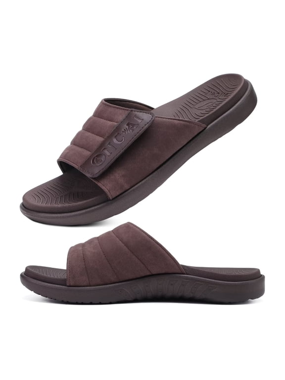 Mens Sandals Adjustable Straps Orthotic Plantar Fasciitis Open Toe Athletic Sport Slides with Soft Comfy Arch Support Footbed Brown Size 8