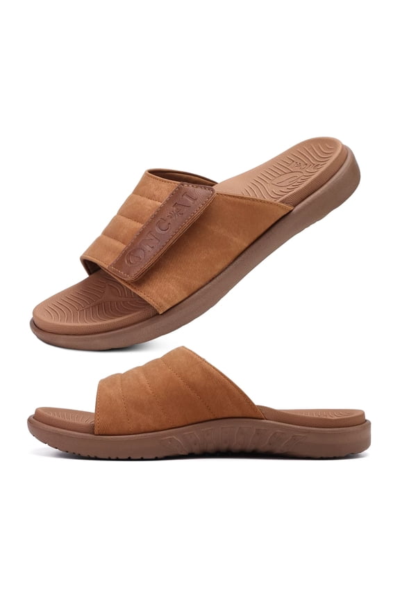 Mens Sandals Adjustable Straps Orthotic Plantar Fasciitis Open Toe Athletic Sport Slides with Soft Comfy Arch Support Footbed Khaki Size 11.5