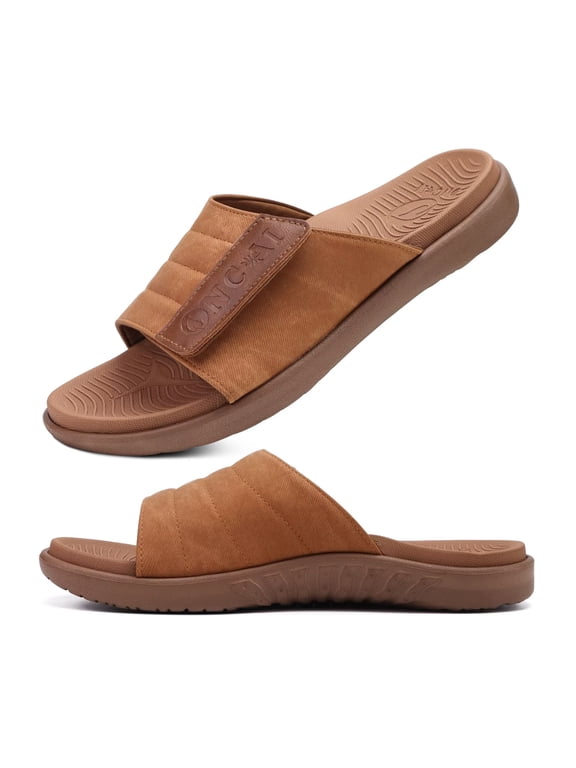 Mens Sandals Adjustable Straps Orthotic Plantar Fasciitis Open Toe Athletic Sport Slides with Soft Comfy Arch Support Footbed Khaki Size 7.5