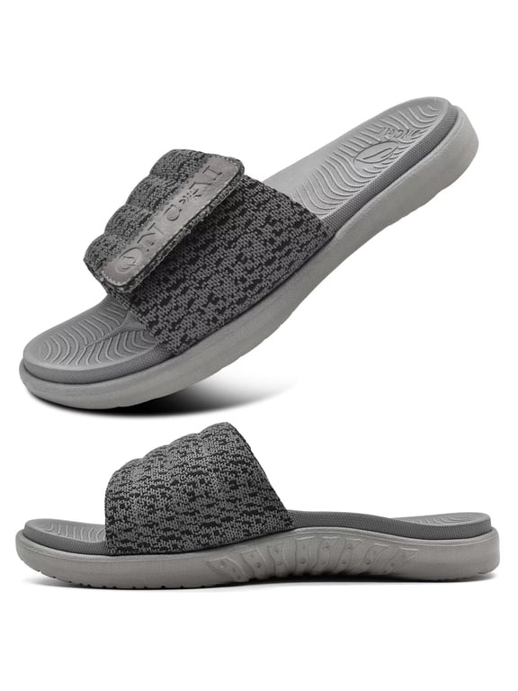 Mens Slides Sandals Open Toe Athletic Adjustable Straps Orthotic Plantar Fasciitis Sport Sandals with Soft Cushion Arch Support Footbed Grey Size 12