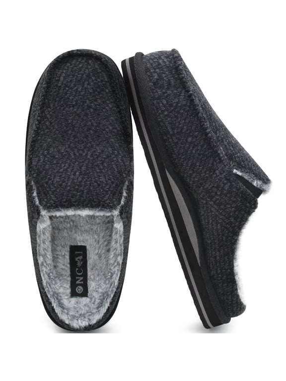 Mens Slippers with Orthotic Arch Support,Cotton-Blend High-Density Memory Foam Plantar Fasciitis House Slippers Warm Stripe Faux Fur Slip-on Indoor Outdoor Rubber Sole Black Size 11