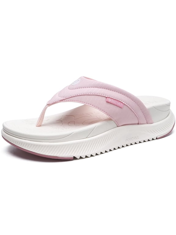 Orthopedic Flip Flops Women with Arch Support Ladies Orthotic Recovery Sandals Comfortable Plantar Fasciitis Slip On Walking Sandal for Womans Indoor Casual Summer Pink White Size 7.5
