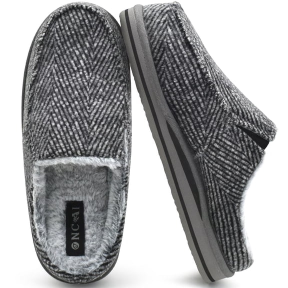 ONCAI Slipper for Men with Arch Support,Cotton-Blend Memory Foam House Slippers for Man Warm Strips Fluff Plush Wool-like Clogs with Rubber Sole Grey Size 11