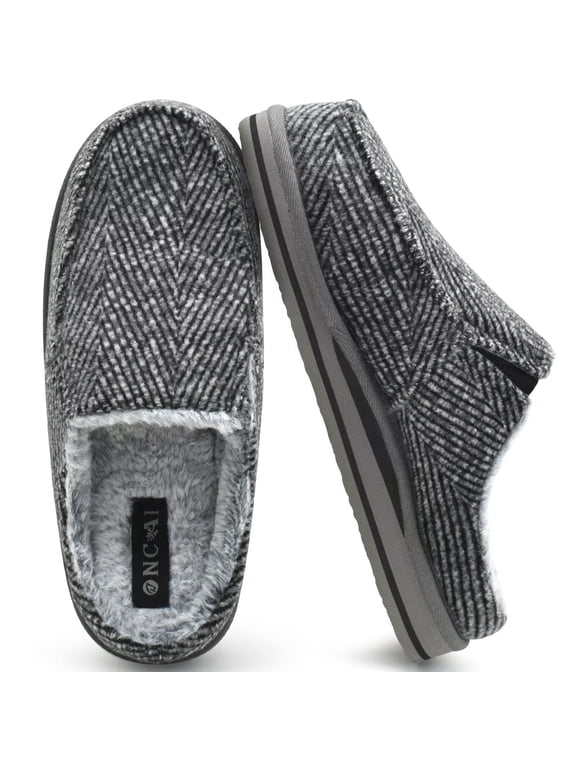 Slipper for Men with Arch Support,Cotton-Blend Memory Foam House Slippers for Man Warm Strips Fluff Plush Wool-like Clogs with Rubber Sole Grey Size 11