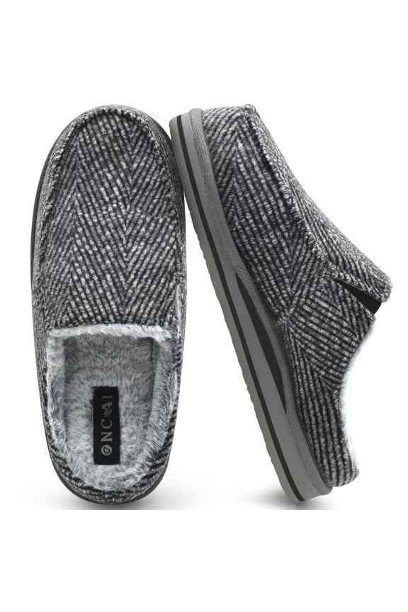Slipper for Men with Arch Support,Cotton-Blend Memory Foam House Slippers for Man Warm Strips Fluff Plush Wool-like Clogs with Rubber Sole Grey Size 7