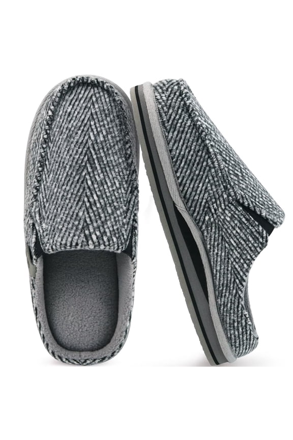 Slipper for Men with Arch Support,Cotton-Blend Memory Foam House Slippers for Men Warm Strips Fluff Plush Wool-like Clogs with Rubber Sole Spring Grey Size 11
