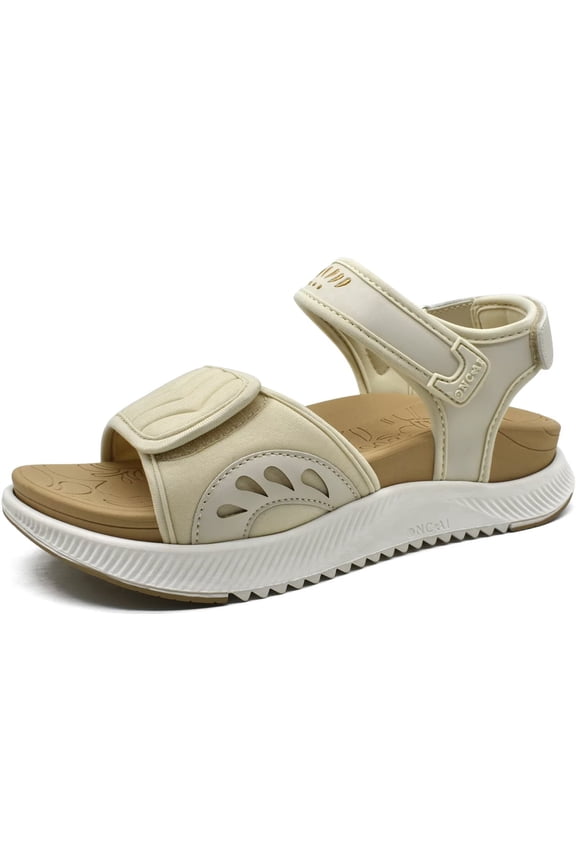Walking Sandals Women,Arch Support Hiking Sandals with Orthotic Outdoor Footbed for Plantar Fasciitis,Water Athletic Platform Sandalias Mujer with 3 Adjustable Strap Beige/White Size 7