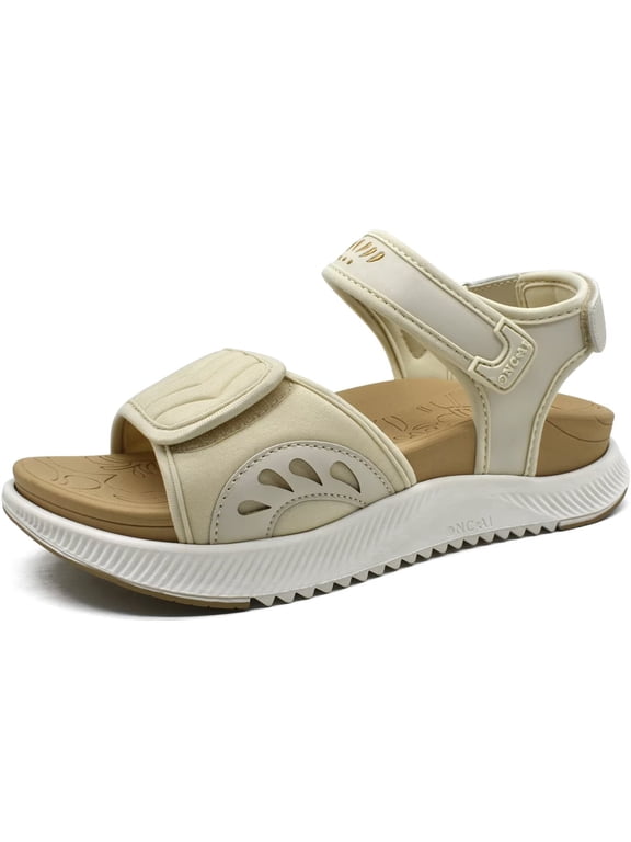 Walking Sandals Women,Arch Support Hiking Sandals with Orthotic Outdoor Footbed for Plantar Fasciitis,Water Athletic Platform Sandalias Mujer with 3 Adjustable Strap Beige/White Size 10