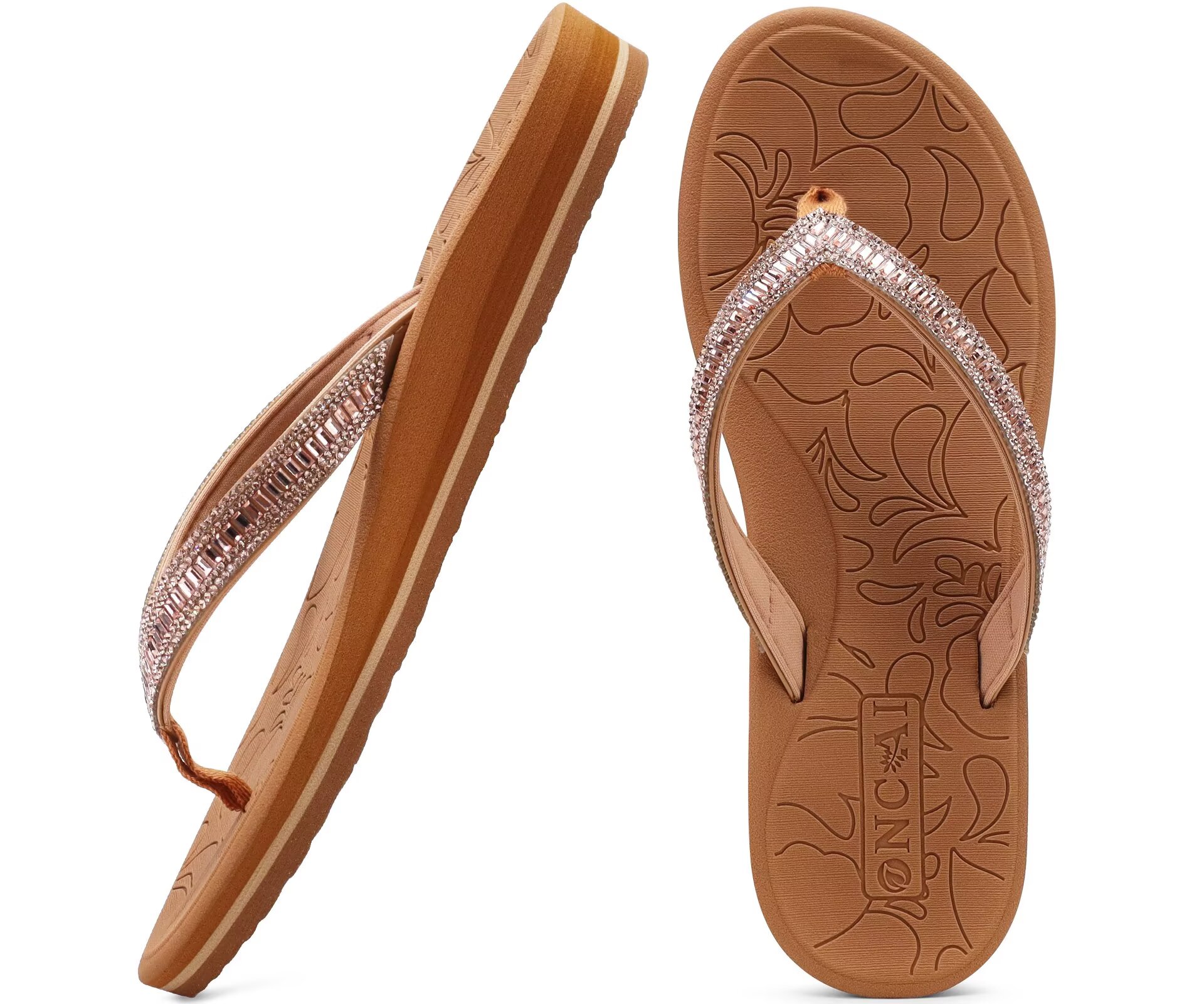 ONCAI Women's Flip Flops with Rhinestone, Arch Support Yoga Mat Comfort Walking Thong Sandal Summer Beach Outdoor Dressy Sandals for Women 2026 Walking Ladies Sandal Rubber Sole Khaki Size 7
