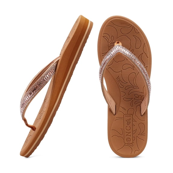 ONCAI Women's Flip Flops with Rhinestone, Arch Support Yoga Mat Comfort Walking Thong Sandal Summer Beach Outdoor Dressy Sandals for Women 2026 Walking Ladies Sandal Rubber Sole Khaki Size 7