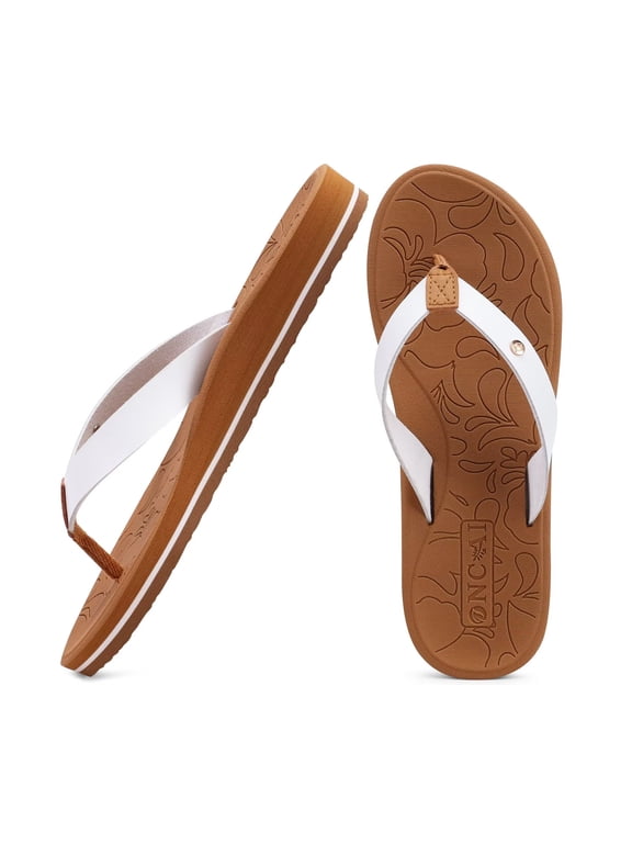 Womens Flip Flops for Women Arch Support Yoga Mat Summer Beach Leather Woman Dressy Thong Sandal for Women 2026 with Plantar Fasciitis Walking Ladies Thong Sandal Outdoor White/Khaki Size 8