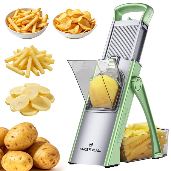 ONCE FOR ALL Potato Slicer and French Fry Cutter, Adjustable Thickness Mandoline Vegetable Cutter for Homemade Fries, Potato Chips, Slices and Cubes, Stainless Steel Kitchen Food Prep Tool