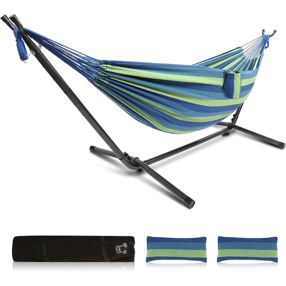 ONCLOUD 550 LB Capacity Double Hammock with Stand – Portable Bag Included (Blue Green Stripe)