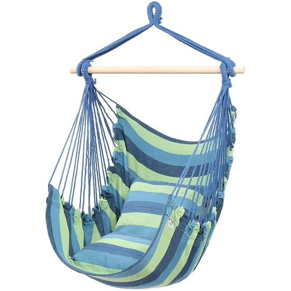 ONCLOUD Hanging Rope Hammock Chair Swing Seat for Yard, Bedroom, Patio, Porch, Indoor/Outdoor - 2 Seat Cushions Included (Blue)