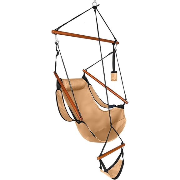 ONCLOUD Upgraded Unique Hammock Sky Chair, Air Deluxe Hanging Swing Seat with Rope Through Beech Wood Bar Safer Relax with Drink Holder & Fuller Pillow for Indoor Outdoor Patio Yard 250LBS (Tan)