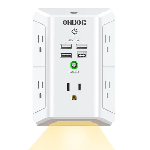 ONDOG 5-Outlet Surge Protector Power Strip with 4 USB Ports and Night Light