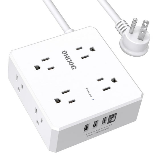 ONDOG 6 ft Extension Cord Power Strip with 4 USB Ports Widely Surge Protector Outlets , White