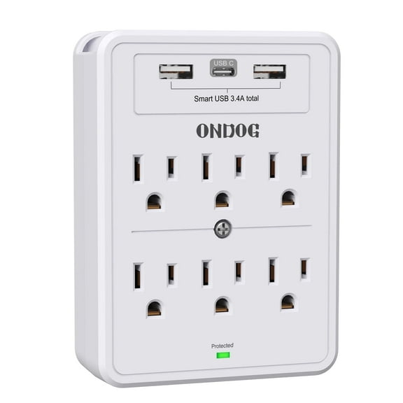 ONDOG Multi Plug Outlet, Surge Protector, 6 Outlet Extender and 3 USB Ports, White
