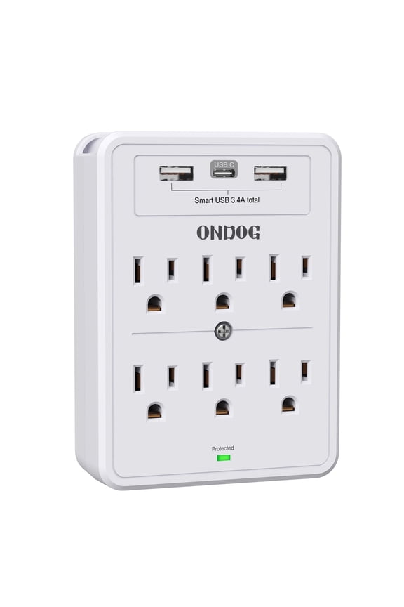 Multi Plug Outlet, Surge Protector, 6 Outlet Extender and 3 USB Ports, White