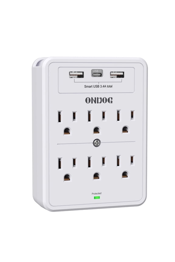 Multi Plug Outlet, Surge Protector, 6 Outlet Extender and 3 USB Ports, White
