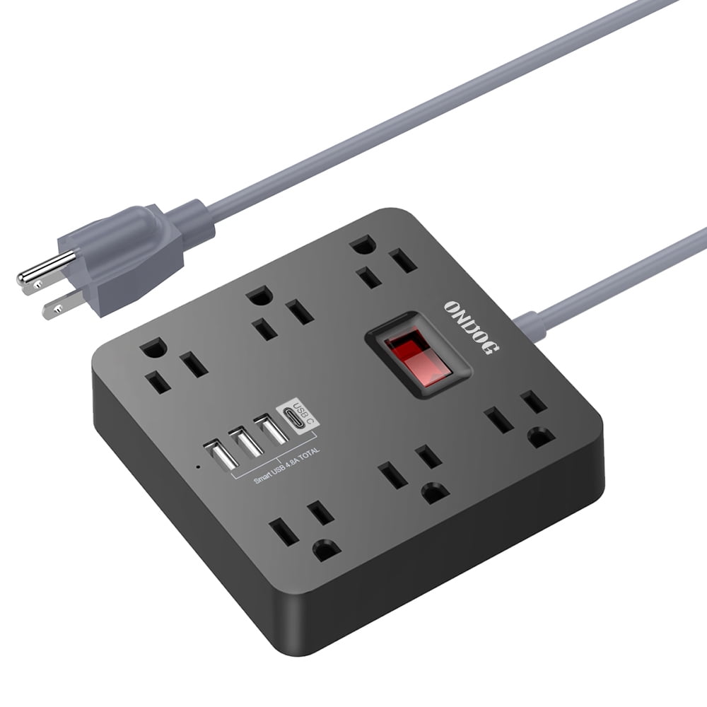 Black 6-Outlet Power Strip with 4 USB Ports and 5' Cord