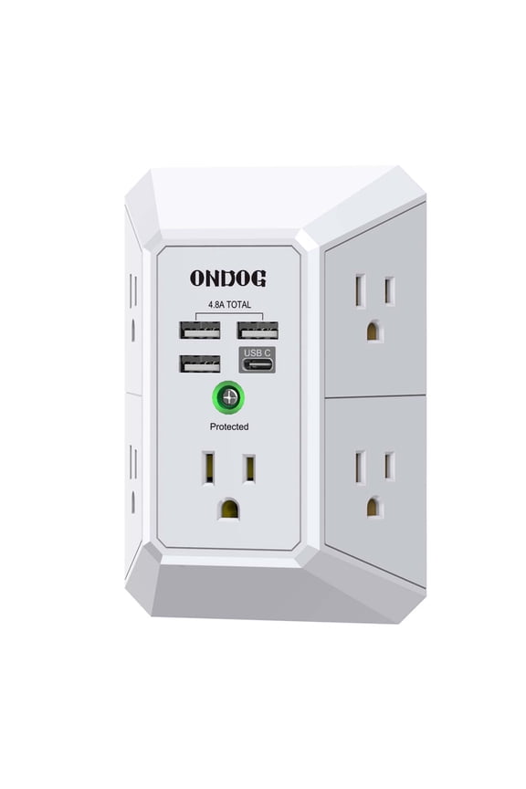 Surge Protector, 5 Outlets Extender with 4 USB PortsUSB C, 3-Side 1800J