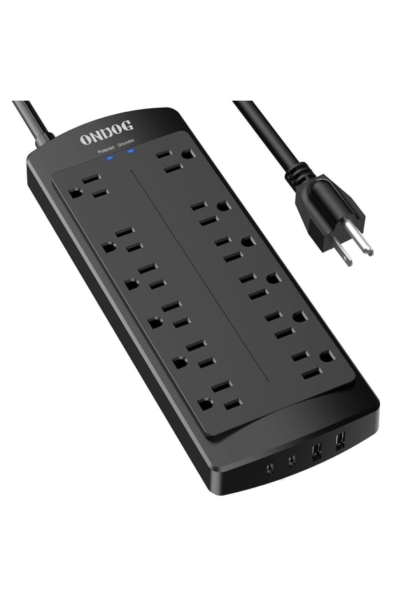 12-Outlet Power Strip - 4 USB Charging Ports (2 USB-C), 2700 Joule Surge Protection, Durable 6ft Extension Cord for Home and Office