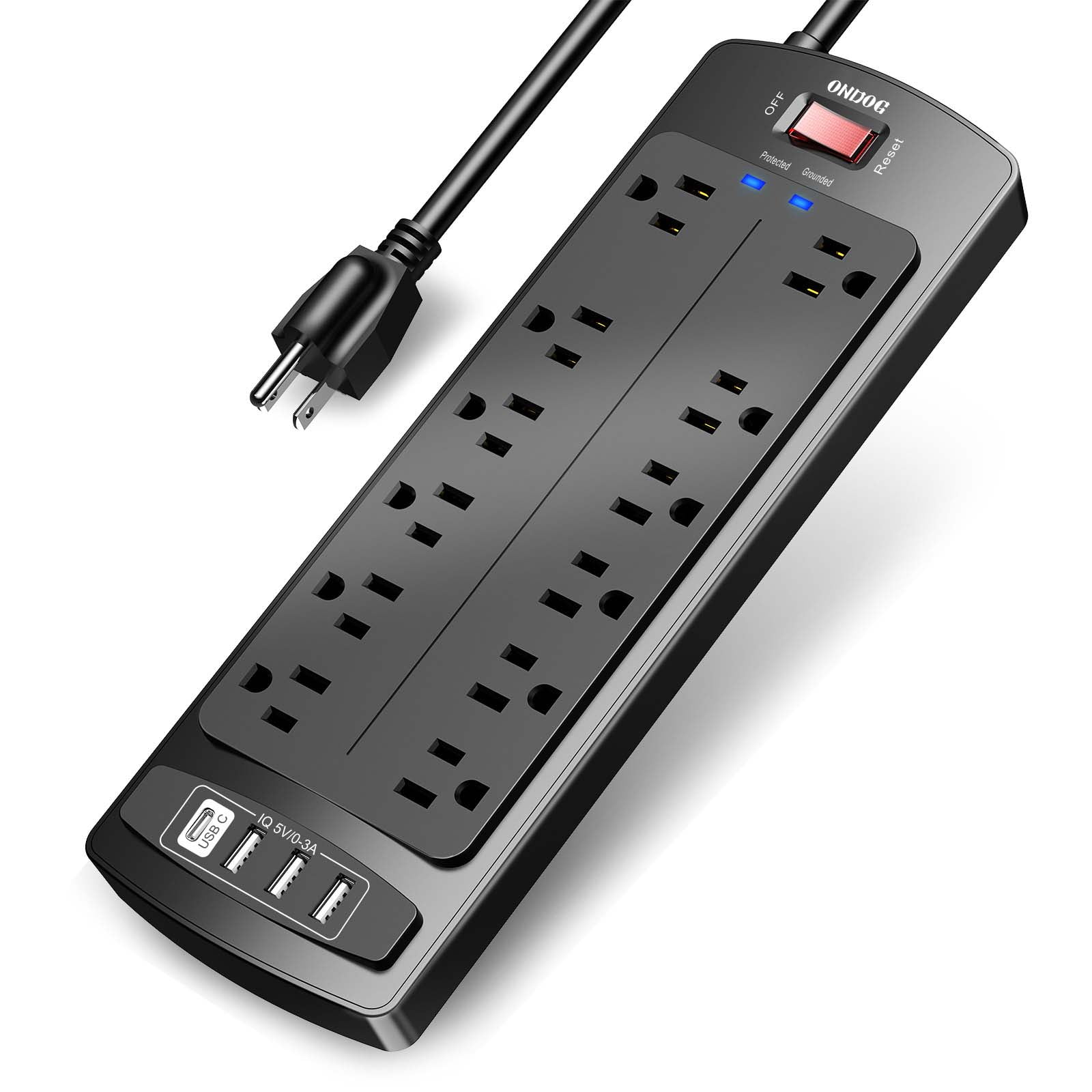 ONDOG Surge Protector with 12 Outlets and 4 USB Ports, 6 ft Extension Cord (1875W/15A), 2700J Power Strip, Black