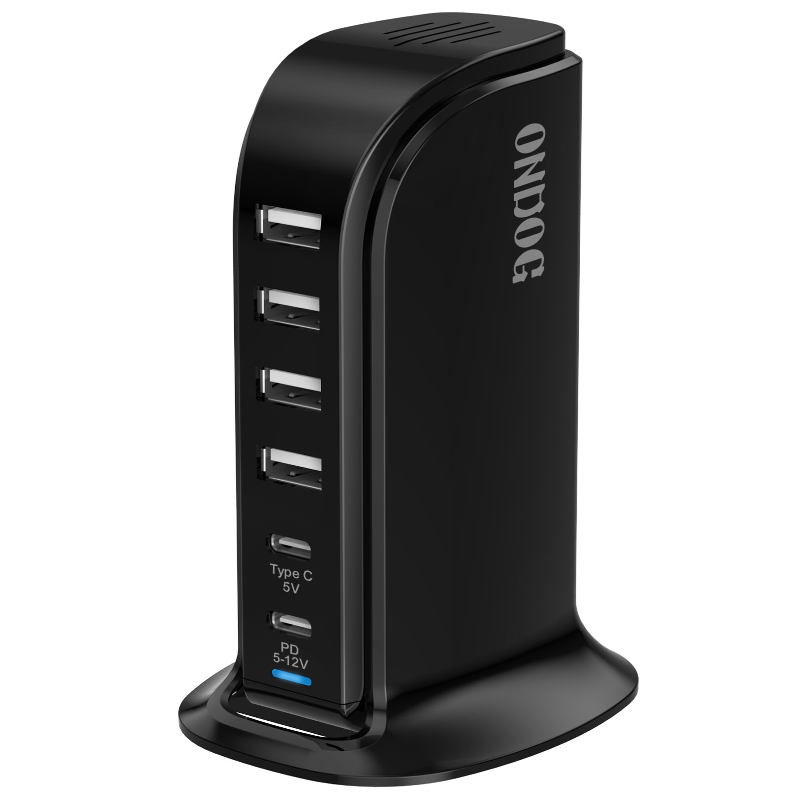 ONDOG USB Charging Station for Multiple Devices - 6 in 1 USB Hub with 6 USB Ports, 1 PD Port(5-12V/18W), 42W USB Charging Station Multiports, Universal Desktop Phone Charger for Travel, Black