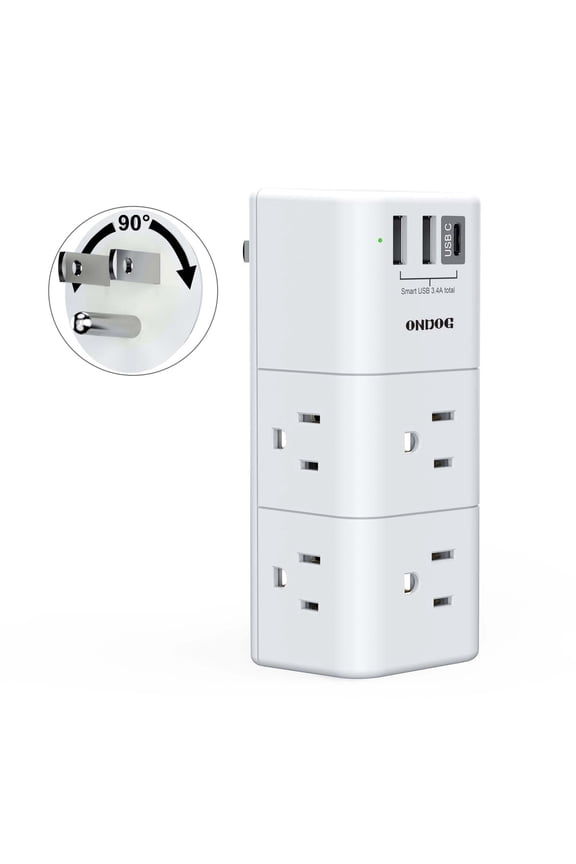 USB Wall Outlet Expander Surge Protector - 6 Outlet Extender, 3 USB with Rotating Plug, White