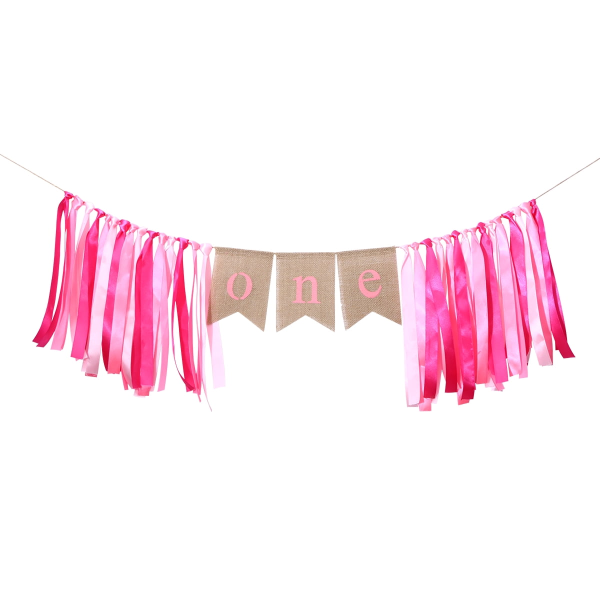 ONE Birthday Banner with Ribbon First Birthday Decorations Burlap Highchair Banner for 1st Birthday Baby Girl (Pink)