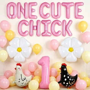 ONE CUTE CHICK Theme Party Balloon Decorations - Pink Yellow Cute Party Supplies Set