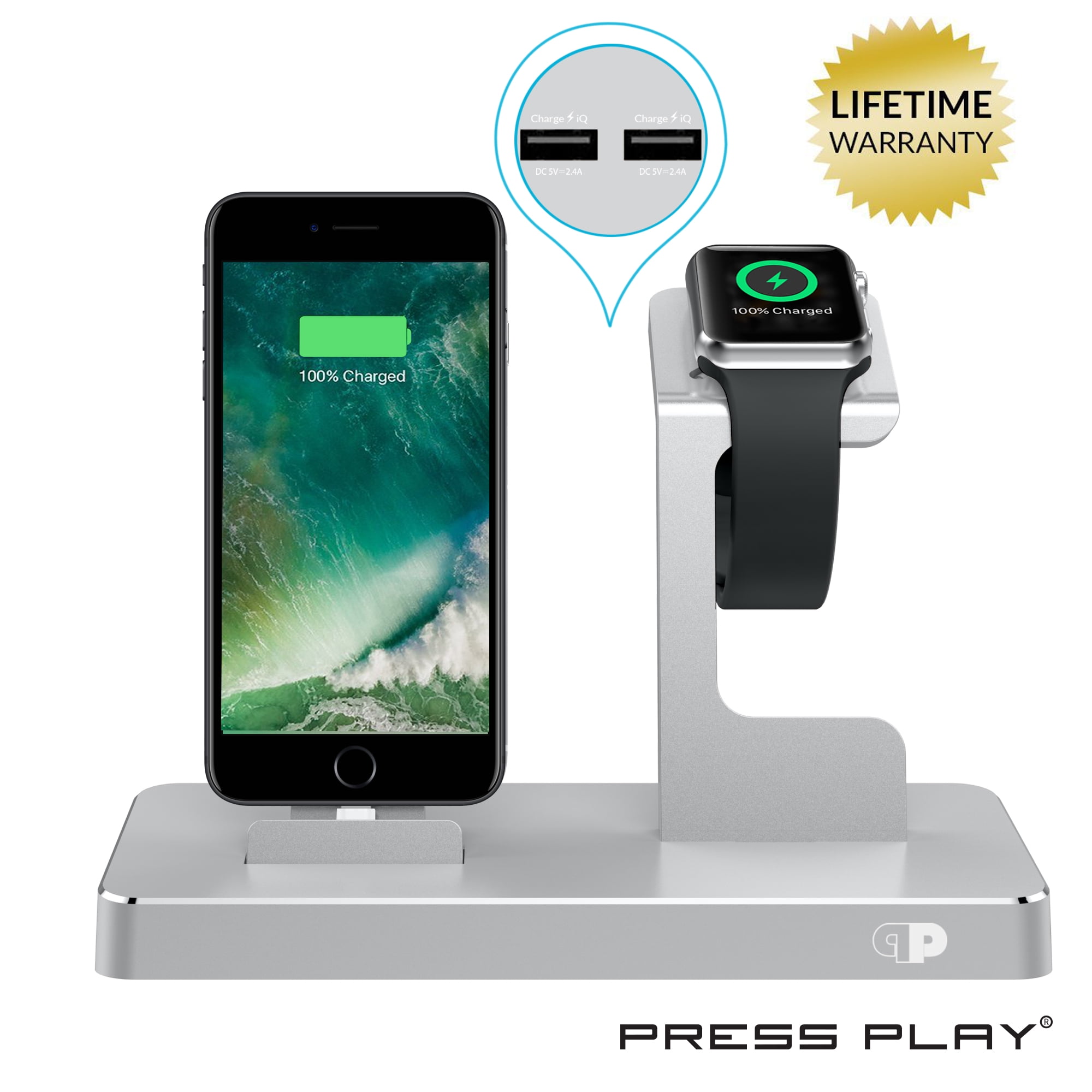 ONE Dock (APPLE CERTIFIED) Power Station Dock, Stand & Built-In Lightning Charger for Apple Watch Smart Watch (Series 1,2,3, Nike+), iPhone X/10/8/8 Plus/7/7Plus/6s/6s, iPad & iPod (Aluminum) Silver