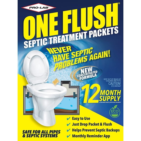 ONE FLUSH - Septic Tank Treatment Packets, 1-Year Supply of Easy-Flush Bacteria & Enzyme Packets - Proactive Prevention for Sewage Backups, Made in the USA