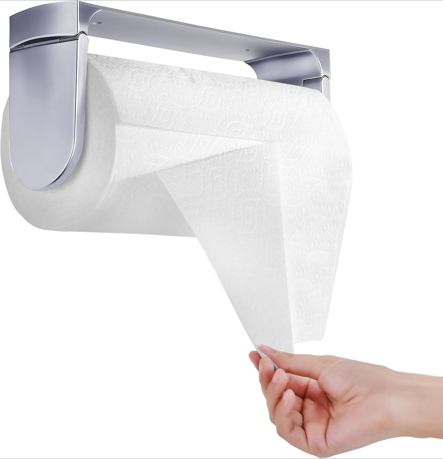 ONE Hand Tear Paper Towel Holder Under Cabinet Adhesive or Drilling Installation Aluminum Alloy + ABS (Pearl Chrome Silver)