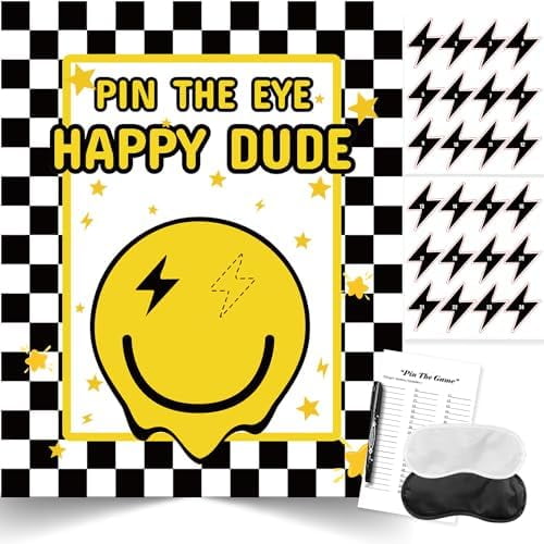 ONE Happy Dude Party Games Birthday Decorations, Pin the Eye on the Dude Game Smiley Face One Cool Dude Birthday Party Games Favors Supplies