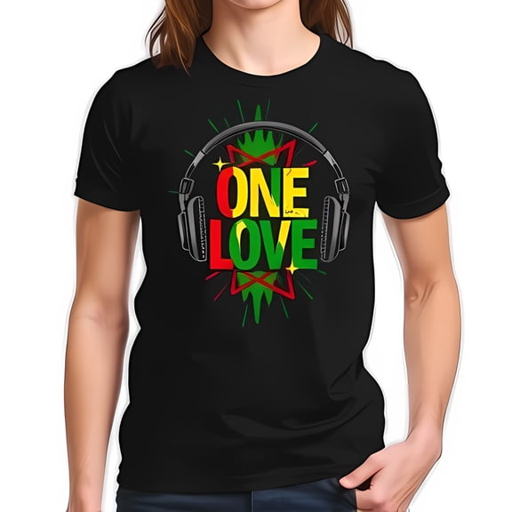 ONE LOVE Graphic Cotton Short Sleeve T-Shirt - Vibrant Reggae Design with Headphones Red Yellow Green Colors Texture