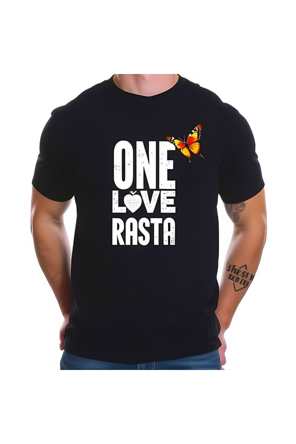 ONE LOVE RASTA Cotton Short Sleeve T-Shirt - Vintage Design with Heart & Butterfly - Casual Reggae Style
