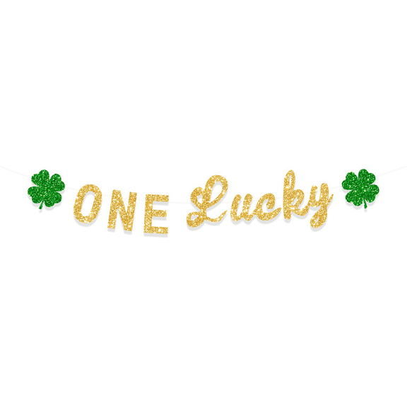 ONE Lucky Banner, Gold Glitter, Green Shamrock, St. Patrick's Day Theme, First Birthday Party Decoration