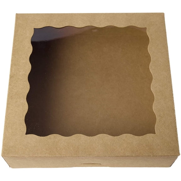 ONE MORE [15pcs] 12inch Kraft Bakery Boxes, 12x12x2.5inch Large Pie Boxes with PVC Window Natural Disposable Box for Cookie,Pack of 15 (Brown, 15)