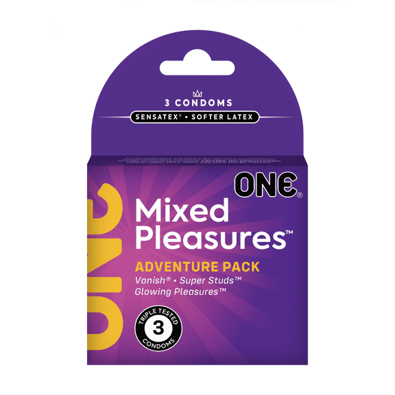 ONE Mixed Pleasures Adventure Pack Condoms with Silver Pocket Case, 3 Count